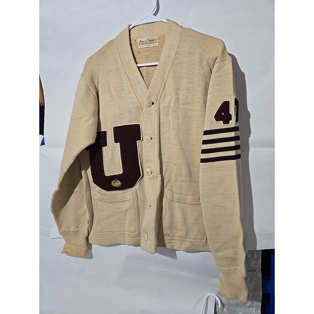 1940s Letterman Sweater Cardigan "U" Sand Knit Wool Football Original sz 42
